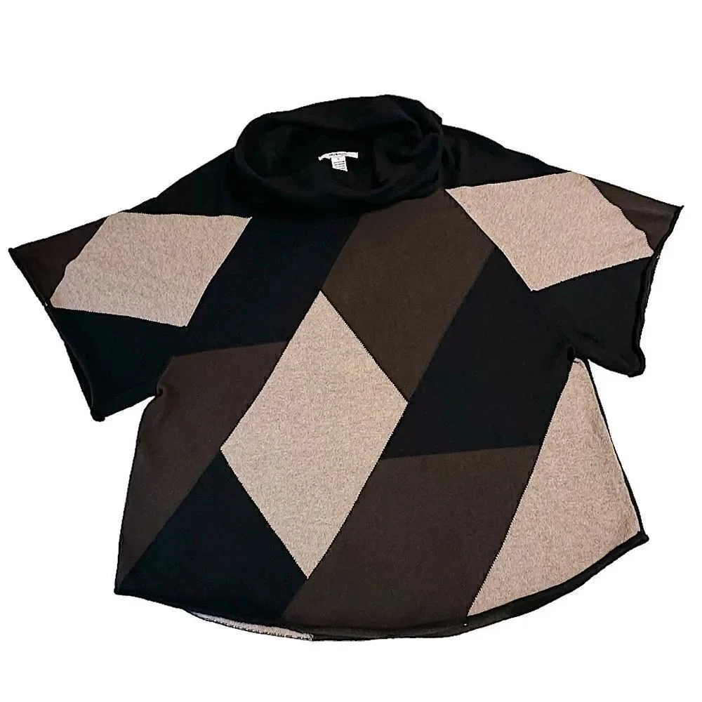 Style & Co Petite Geometric Black and Brown Cowl neck Poncho Sweater Small